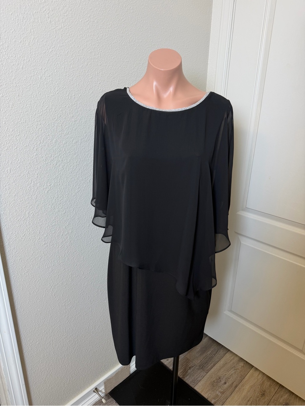 MSK Black Long Sleeve Chiffon Overlay Dress with Silver Trim